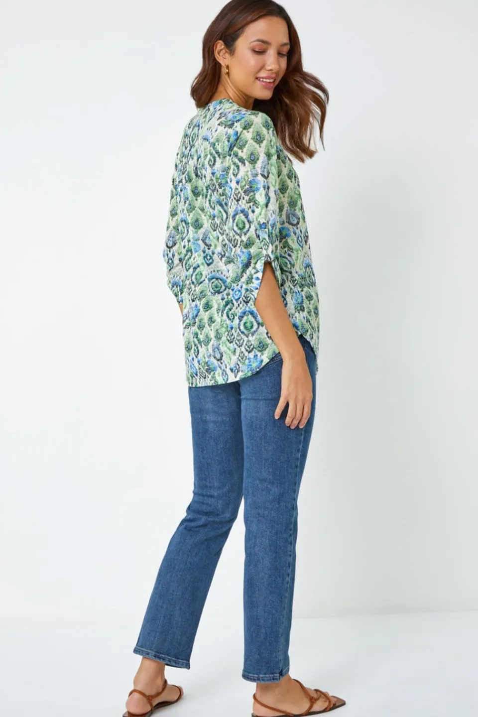 T-Shirts>Roman Green Aztec Burnout Print Relaxed V-Neck Tunic Top