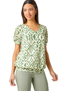 Tops>Roman Green Aztec Print V-Neck Blouson Hem Top
