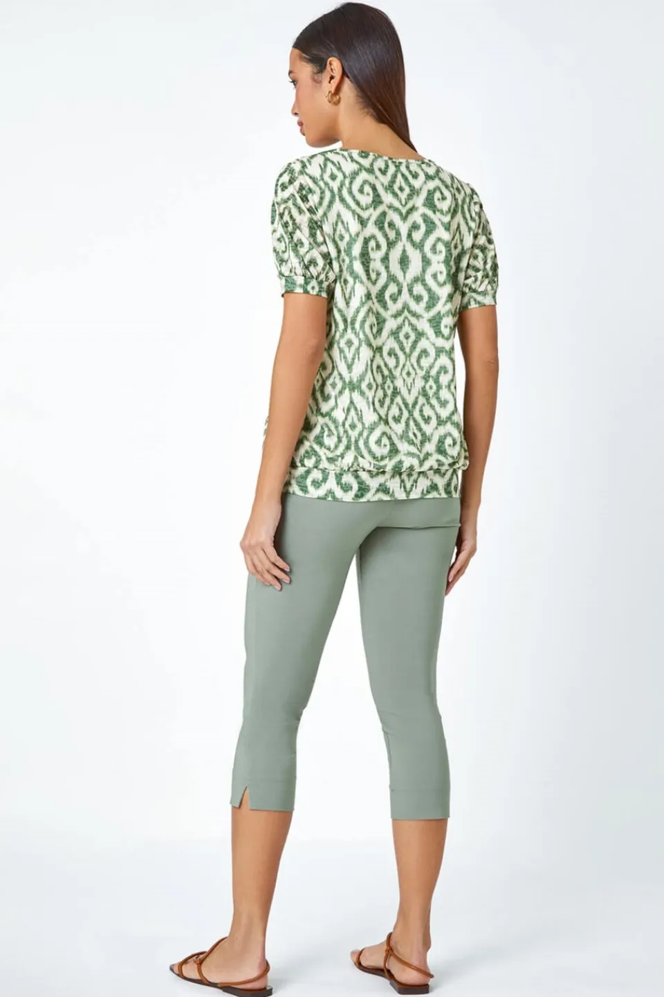 Tops>Roman Green Aztec Print V-Neck Blouson Hem Top