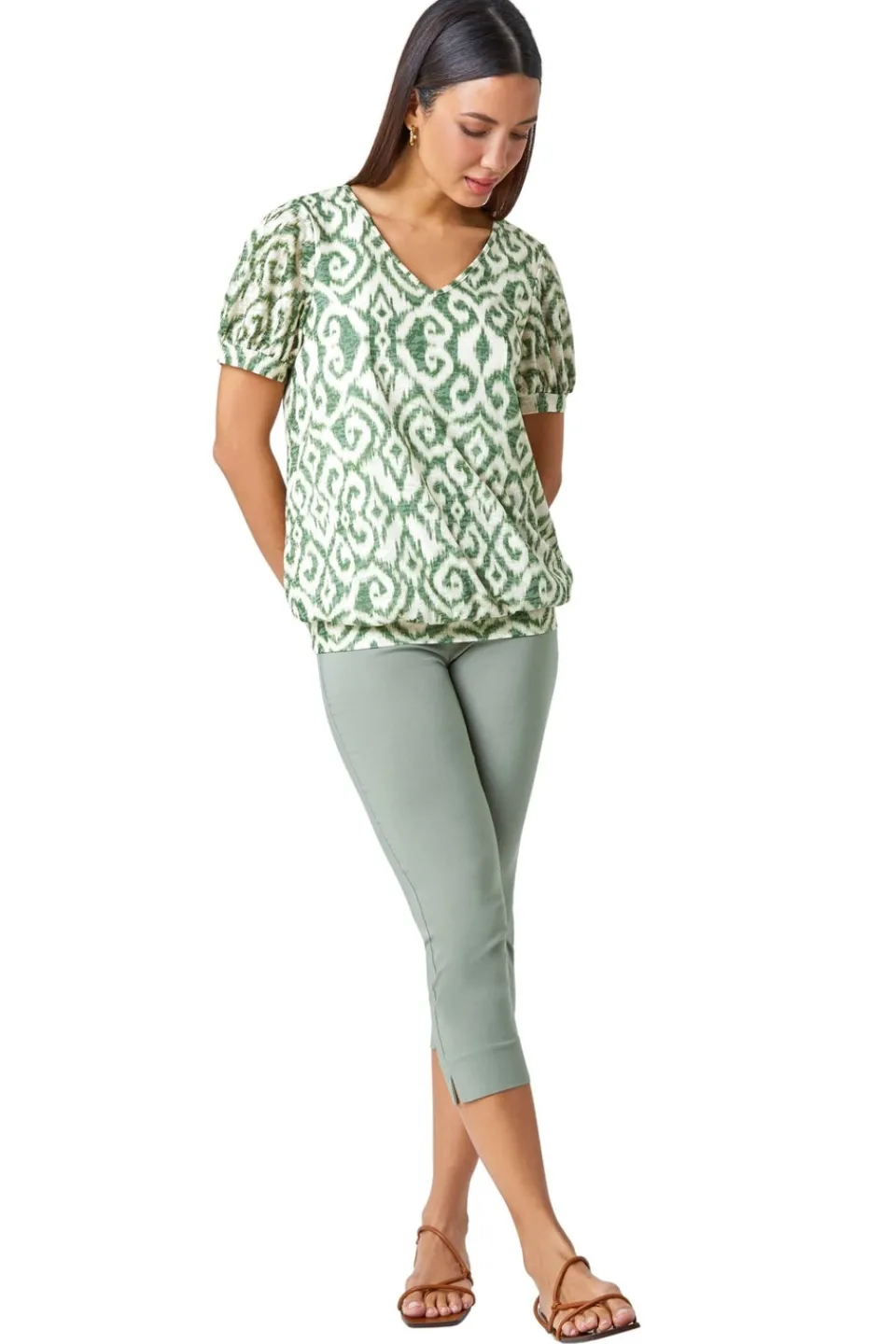 Tops>Roman Green Aztec Print V-Neck Blouson Hem Top