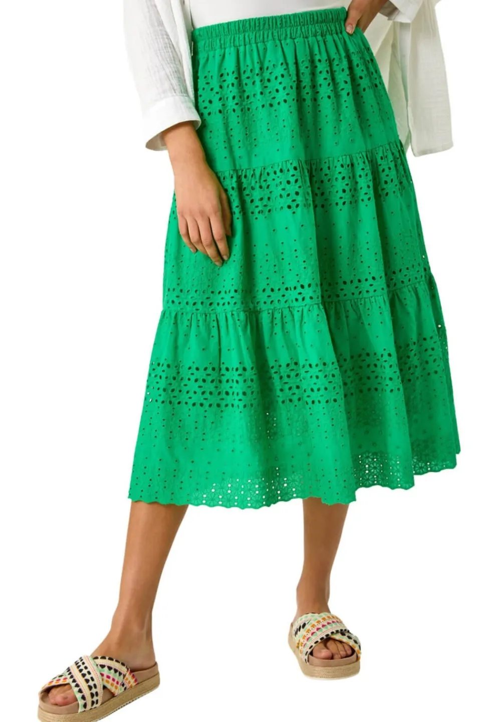 Skirts>Roman Green Broderie Cotton A Line Midi Skirt