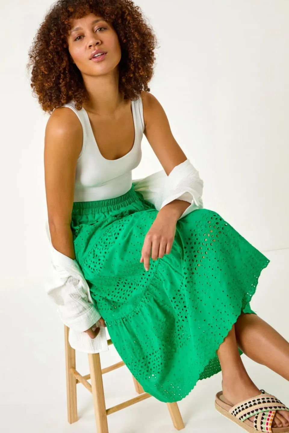 Skirts>Roman Green Broderie Cotton A Line Midi Skirt