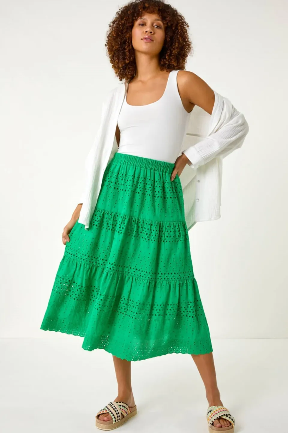 Skirts>Roman Green Broderie Cotton A Line Midi Skirt