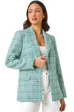 Coats & Jackets>Roman Green Check Frayed Edge Boucle Button Jacket