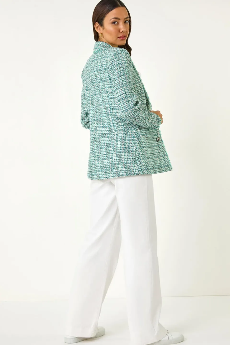 Coats & Jackets>Roman Green Check Frayed Edge Boucle Button Jacket