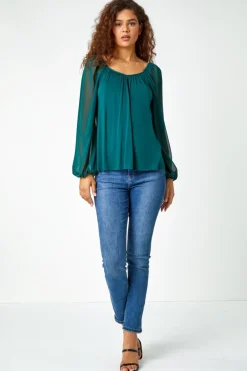 Tops>Roman  Contrast Chiffon Sleeve Stretch Top Green
