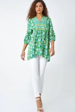 Tops>Roman Green Cotton Abstract Floral V-Neck Ladder Trim Top