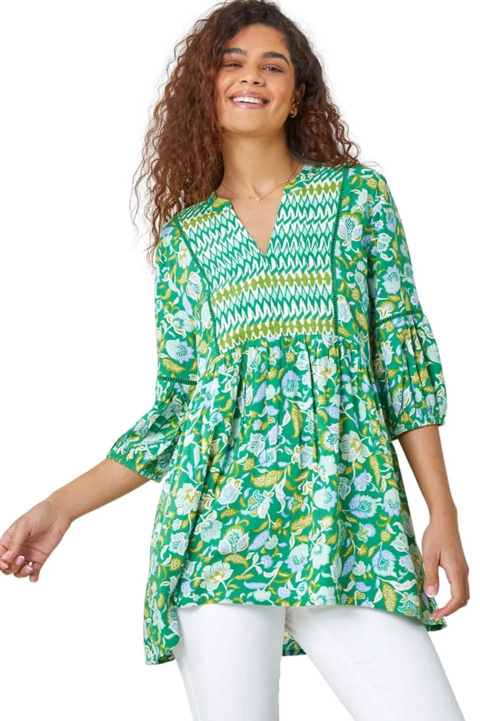 Tops>Roman Green Cotton Abstract Floral V-Neck Ladder Trim Top
