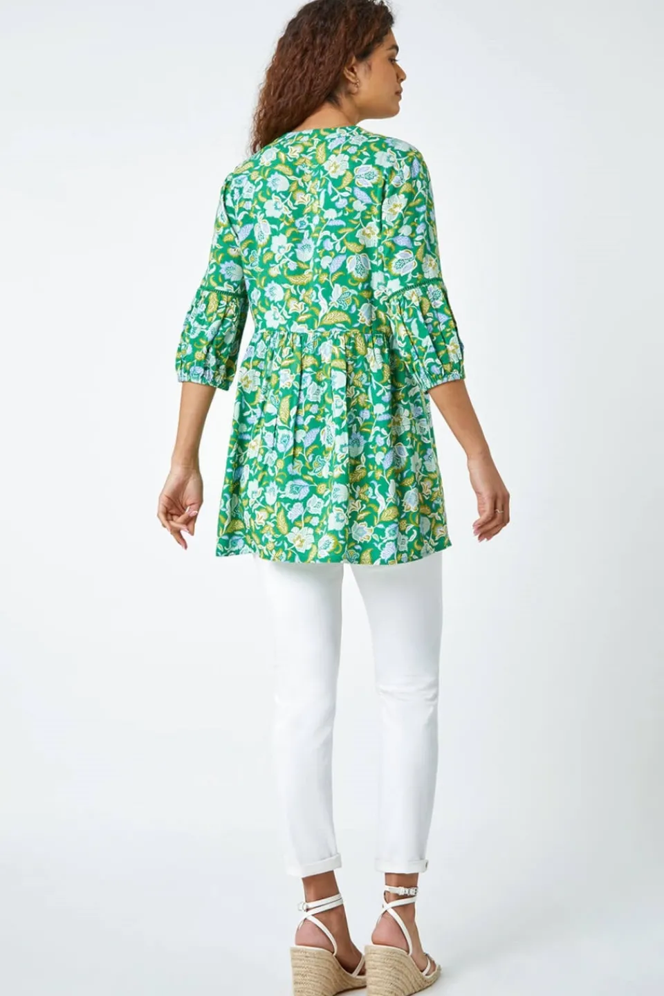 Tops>Roman Green Cotton Abstract Floral V-Neck Ladder Trim Top