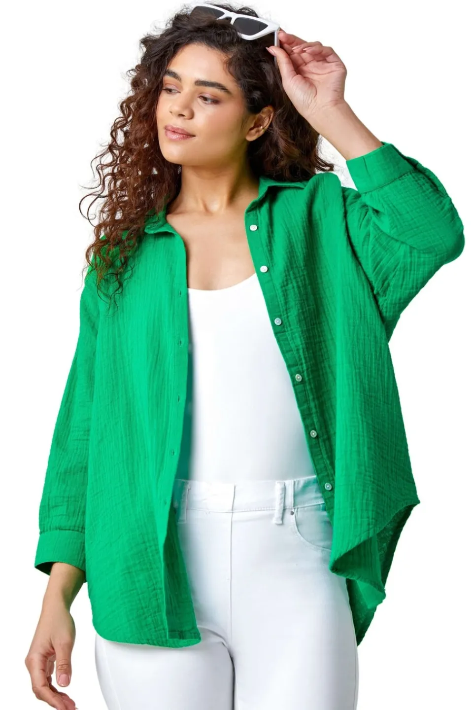 Tops>Roman Green Cotton Textured Button Shirt