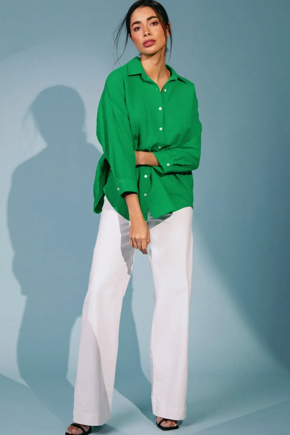 Tops>Roman Green Cotton Textured Button Shirt