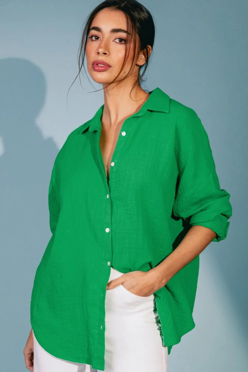 Tops>Roman Green Cotton Textured Button Shirt