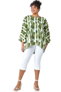 Tops>Roman Green Curve Dipped Hem Abstract Print Top