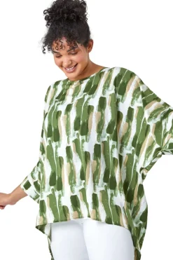 Tops>Roman Green Curve Dipped Hem Abstract Print Top