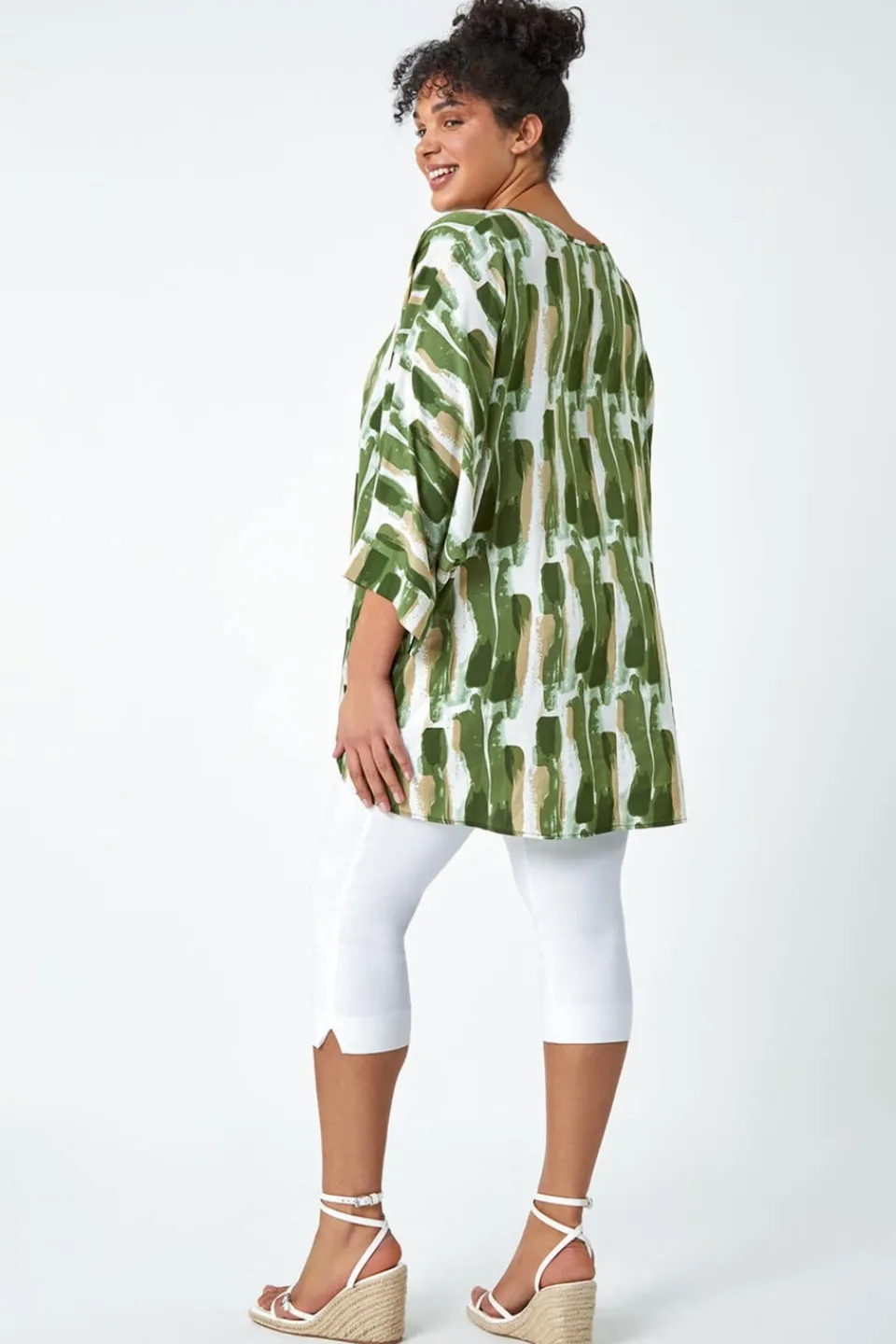 Tops>Roman Green Curve Dipped Hem Abstract Print Top