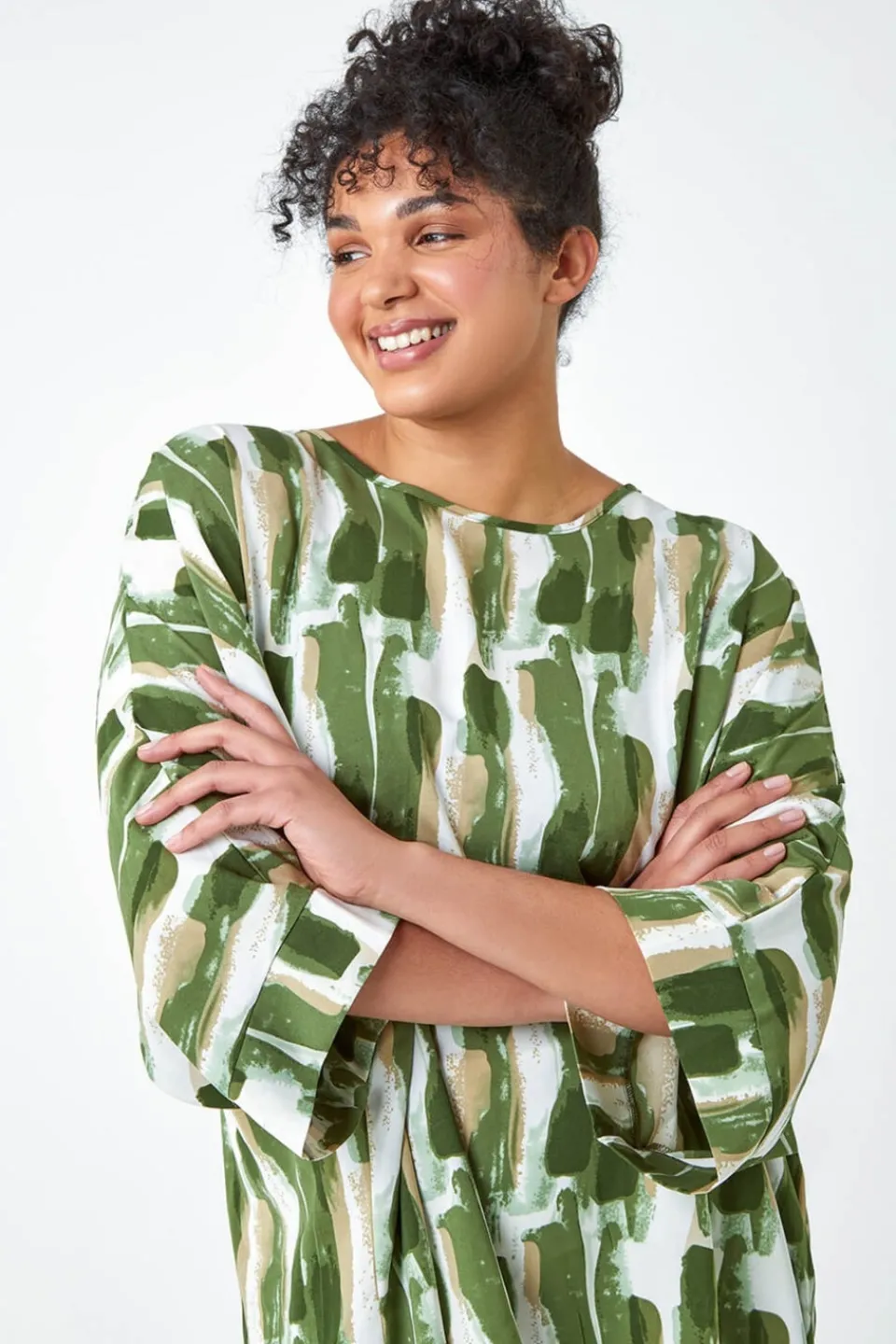Tops>Roman Green Curve Dipped Hem Abstract Print Top