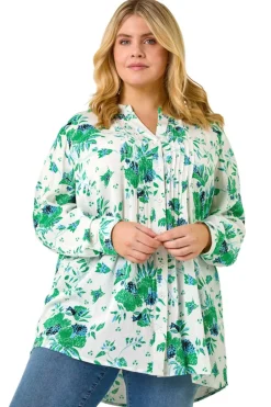 Tops>Roman Green Curve Floral Print Pintuck Blouse
