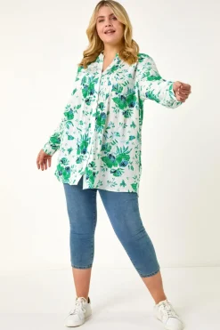 Tops>Roman Green Curve Floral Print Pintuck Blouse
