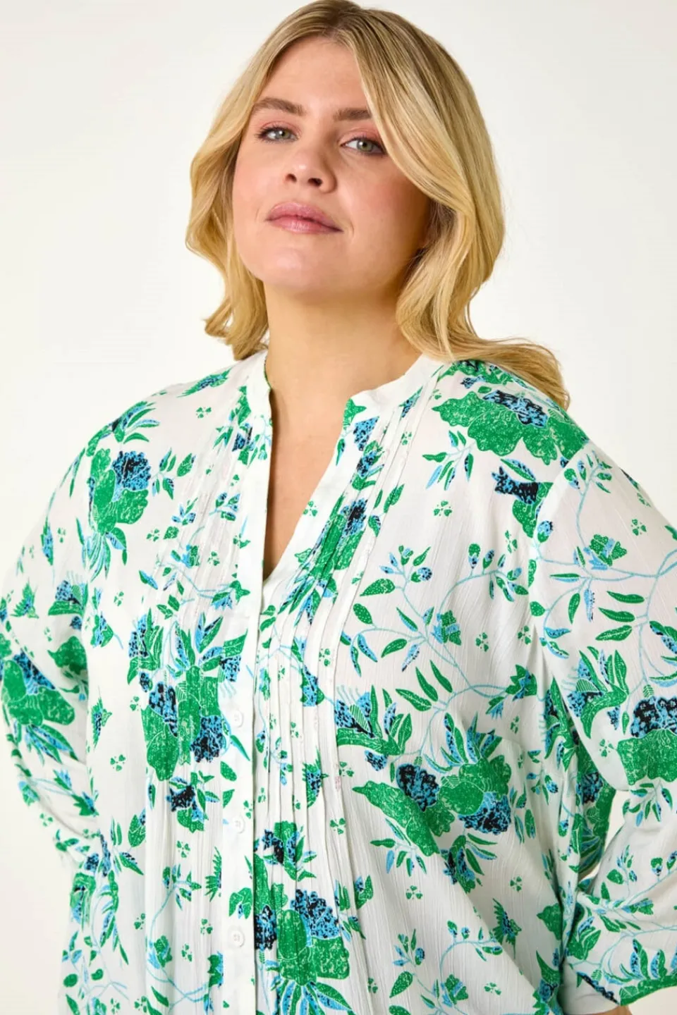 Tops>Roman Green Curve Floral Print Pintuck Blouse