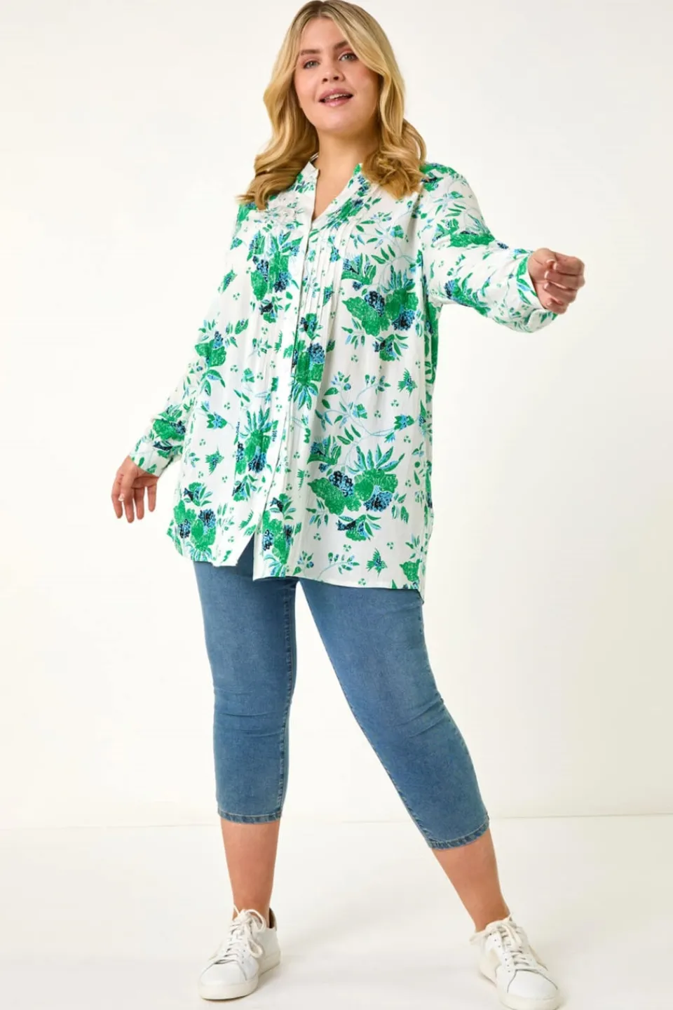 Tops>Roman Green Curve Floral Print Pintuck Blouse