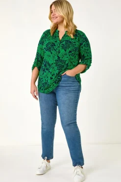 Tops>Roman Green Curve Leaf Print Button Stretch Shirt