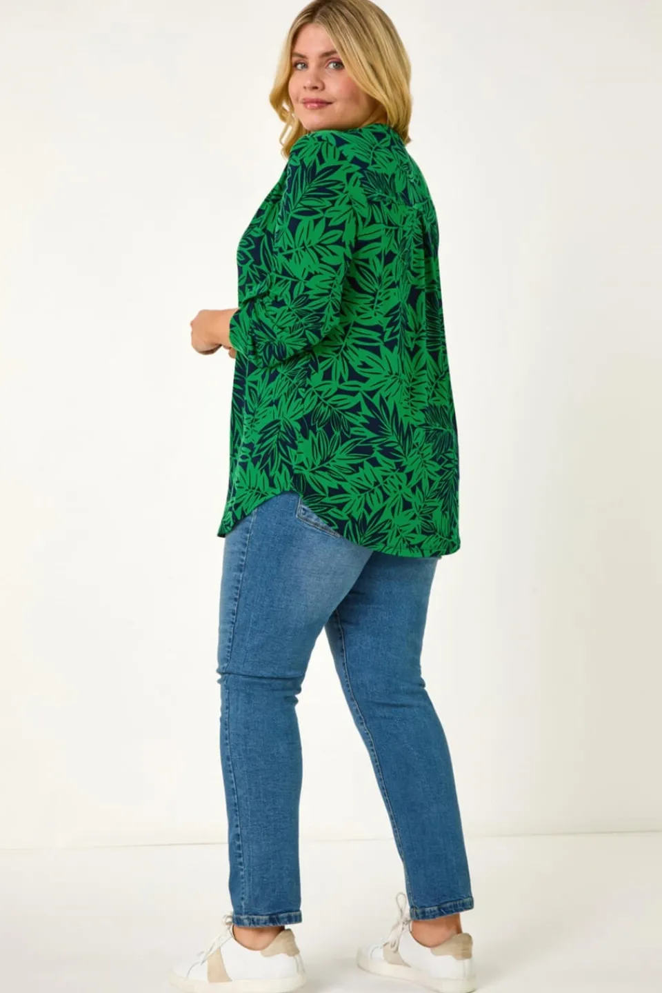 Tops>Roman Green Curve Leaf Print Button Stretch Shirt