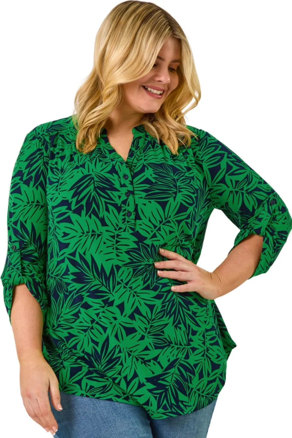 Tops>Roman Green Curve Leaf Print Button Stretch Shirt