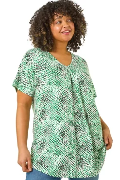 Tops>Roman Green Curve Spotted Leaf Print Stretch Top