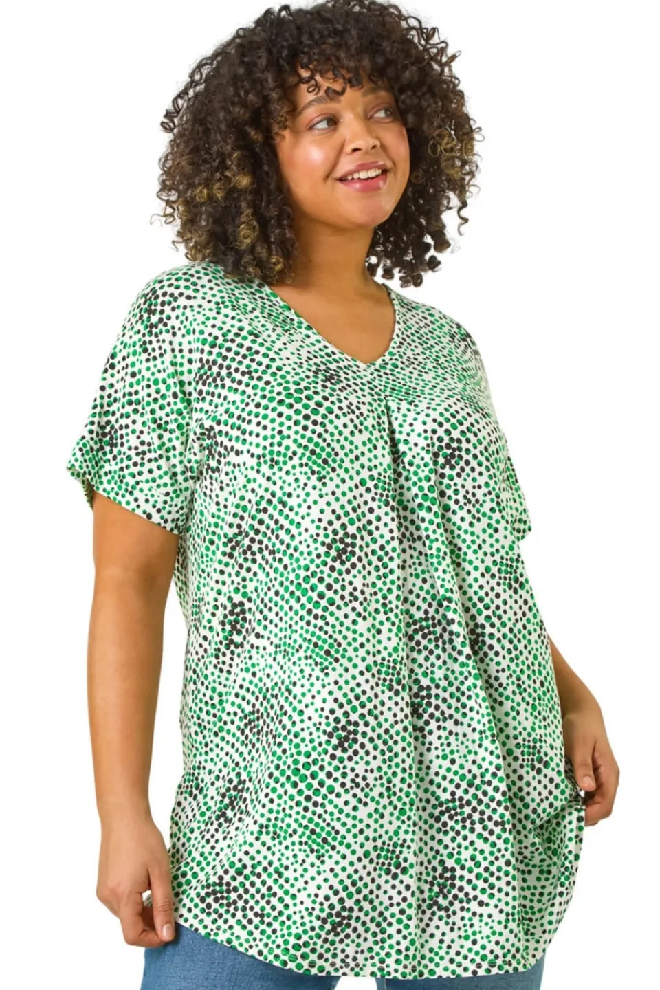 Tops>Roman Green Curve Spotted Leaf Print Stretch Top