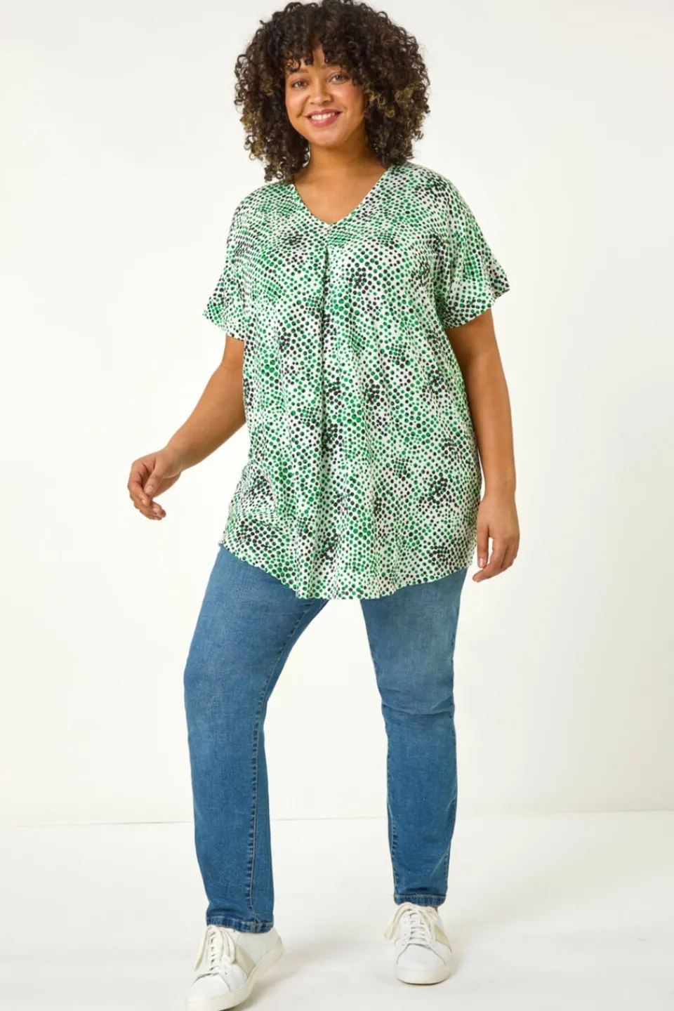 Tops>Roman Green Curve Spotted Leaf Print Stretch Top