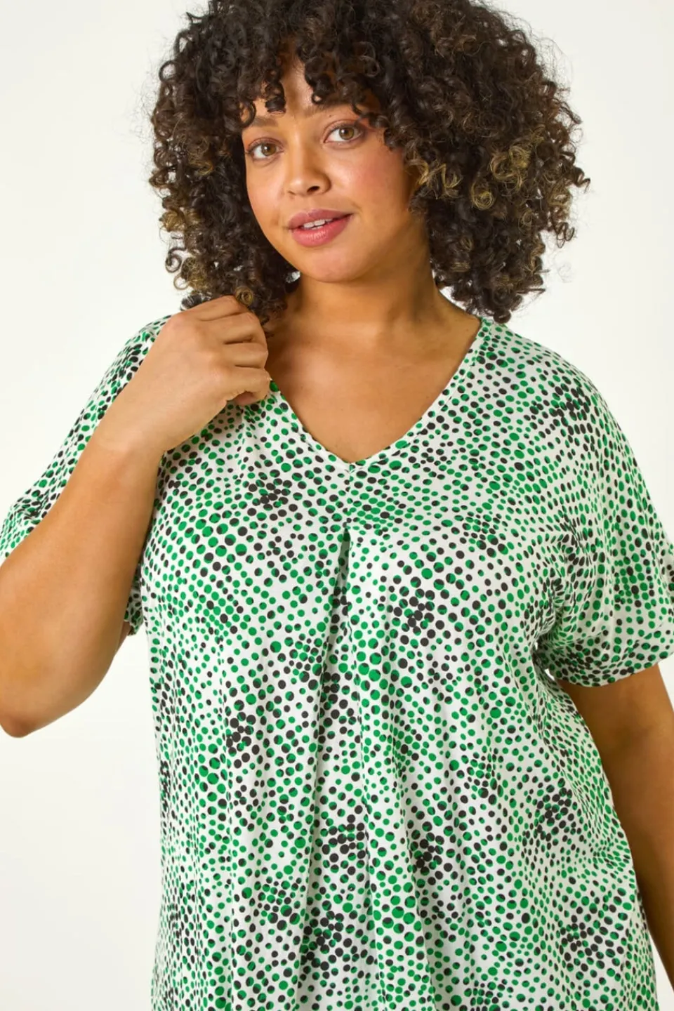 Tops>Roman Green Curve Spotted Leaf Print Stretch Top