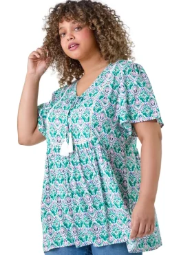 T-Shirts>Roman Green Curve Tie Front Boho Printed Top