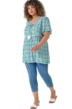 T-Shirts>Roman Green Curve Tie Front Boho Printed Top