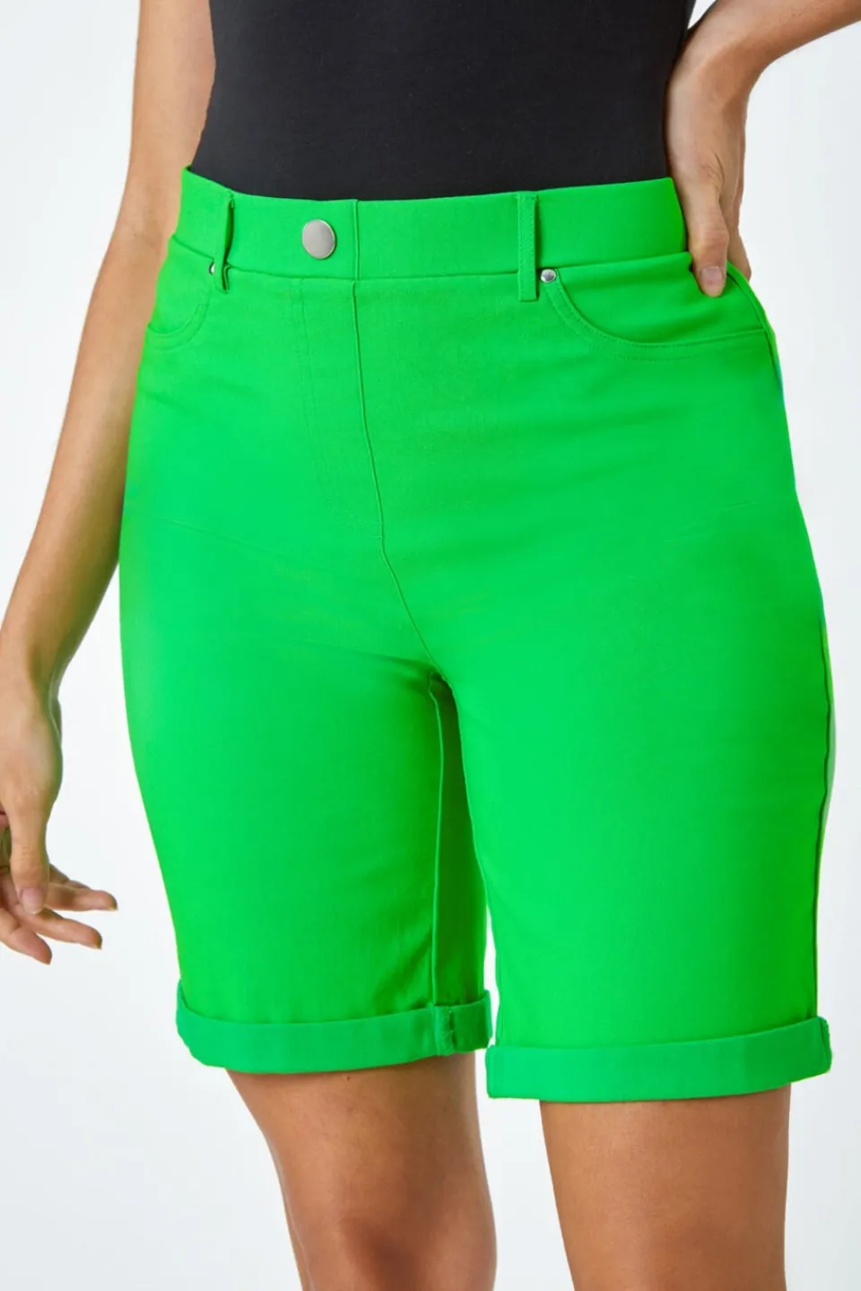 Shorts>Roman Green Elastic Waist Turn Up Stretch Shorts