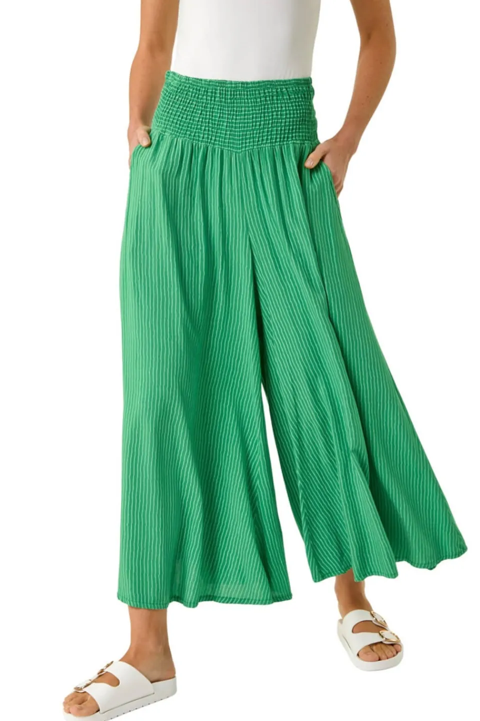 Trousers>Roman Green Fine Stripe Wide Culotte
