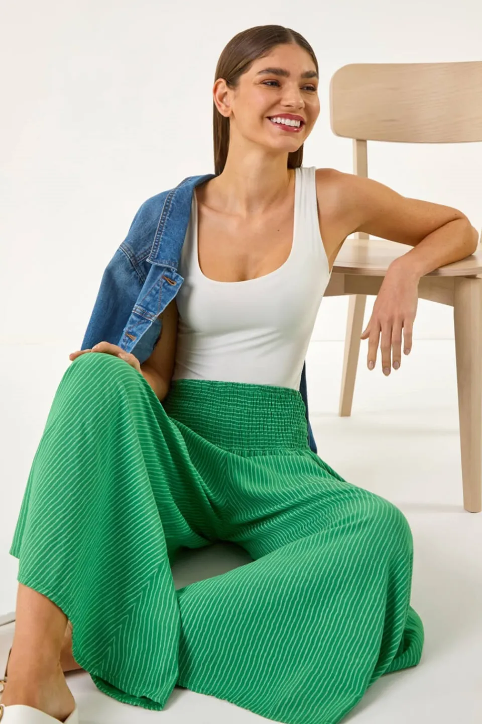 Trousers>Roman Green Fine Stripe Wide Culotte