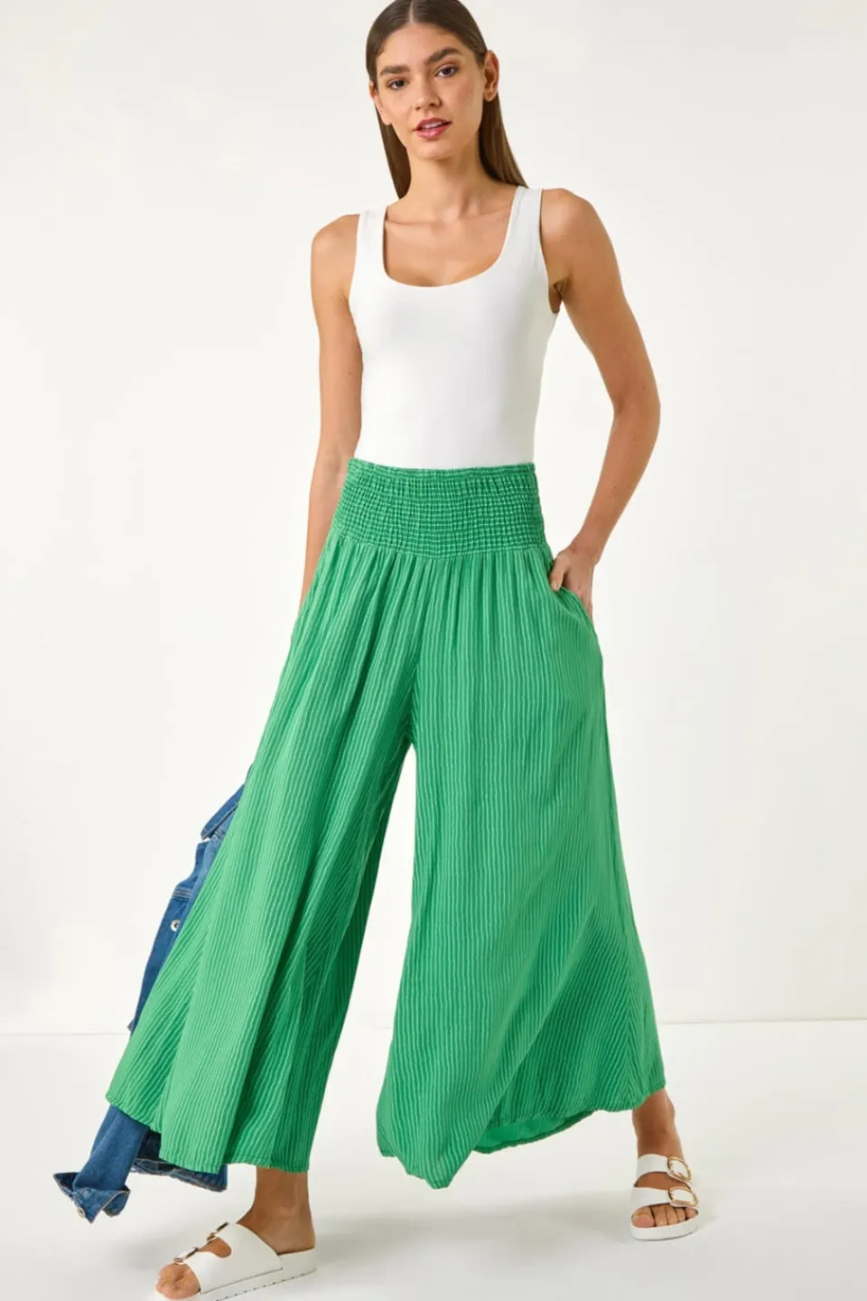 Trousers>Roman Green Fine Stripe Wide Culotte