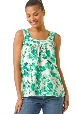 Tops>Roman Green Floral Pleated Vest Top