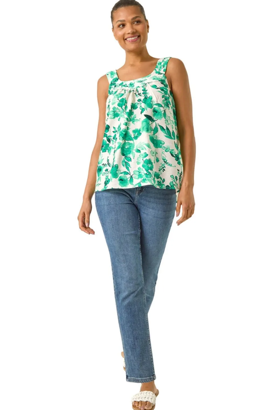 Tops>Roman Green Floral Pleated Vest Top