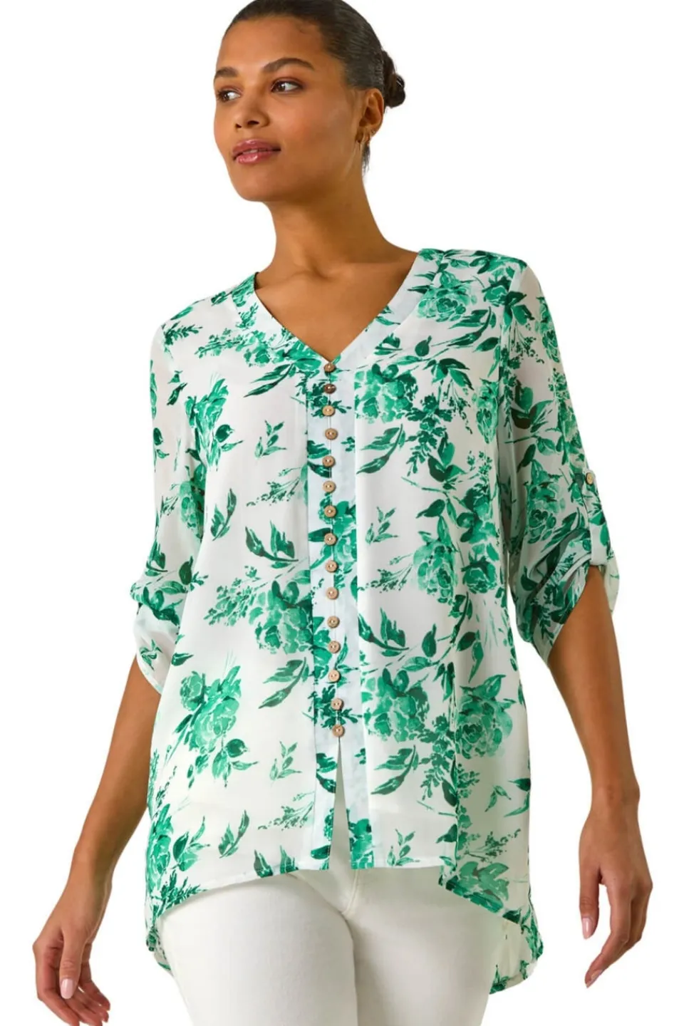Tops>Roman Green Floral Print V Neck Button Front Top