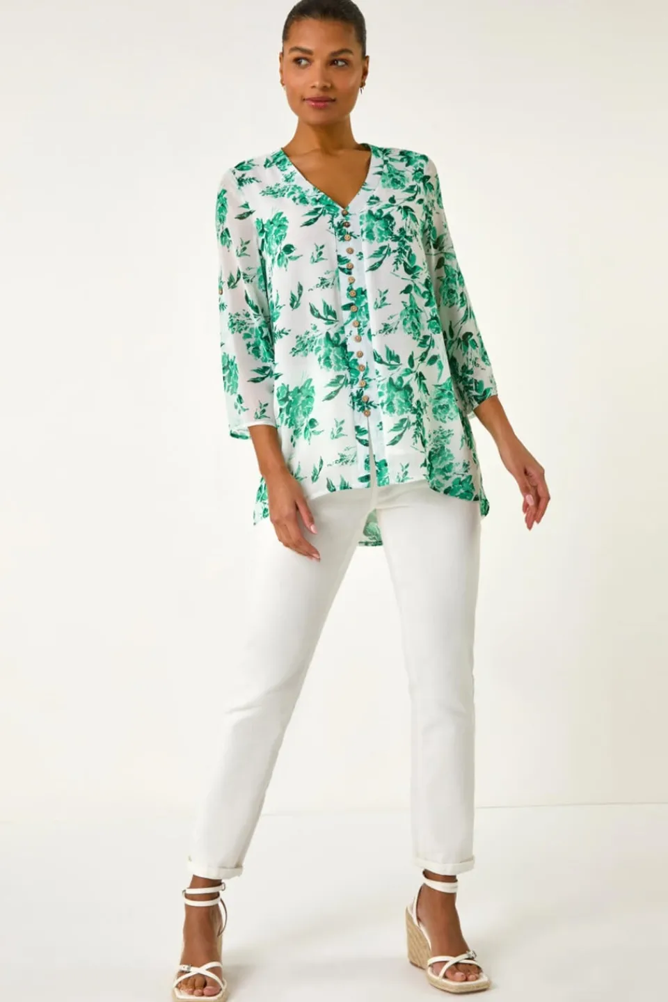 Tops>Roman Green Floral Print V Neck Button Front Top