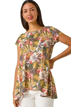 Tops>Roman Floral Print Hanky Hem Tunic Top Green