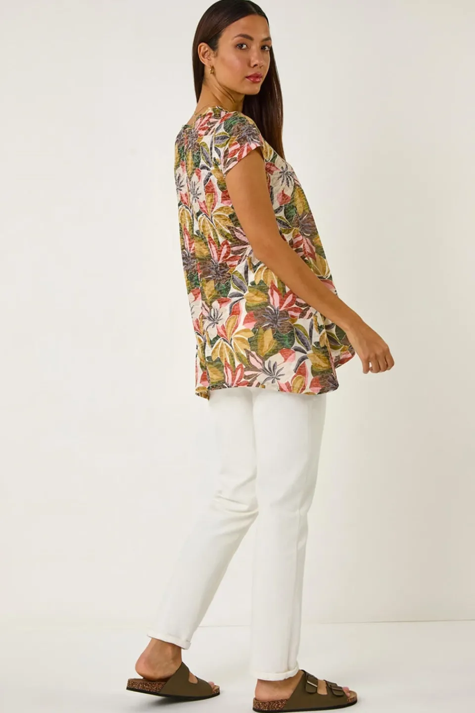 Tops>Roman Floral Print Hanky Hem Tunic Top Green