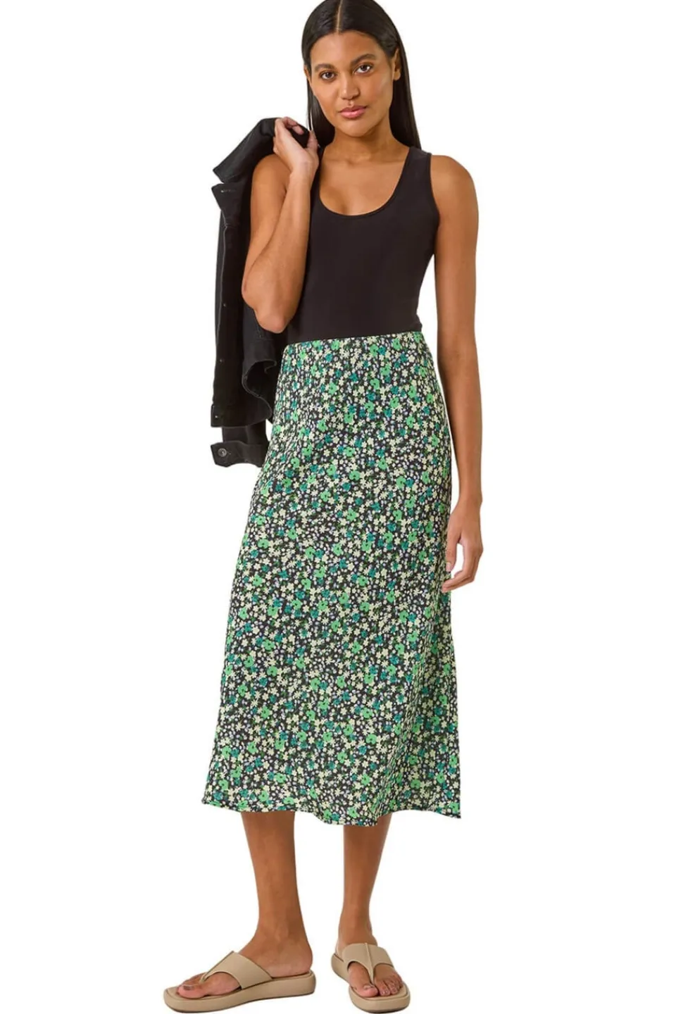 Skirts>Roman Green Floral Print Elastic Waist Midi Skirt