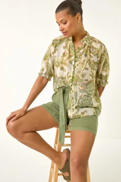Tops>Roman Green Floral Print Trim Detail Blouse