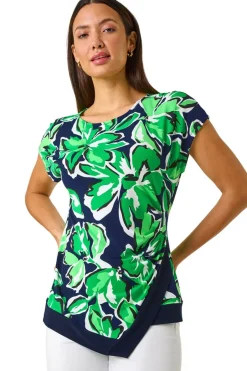 Tops>Roman Green Floral Print Asymmetric Hem Top