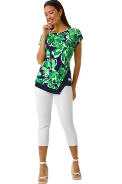 Tops>Roman Green Floral Print Asymmetric Hem Top