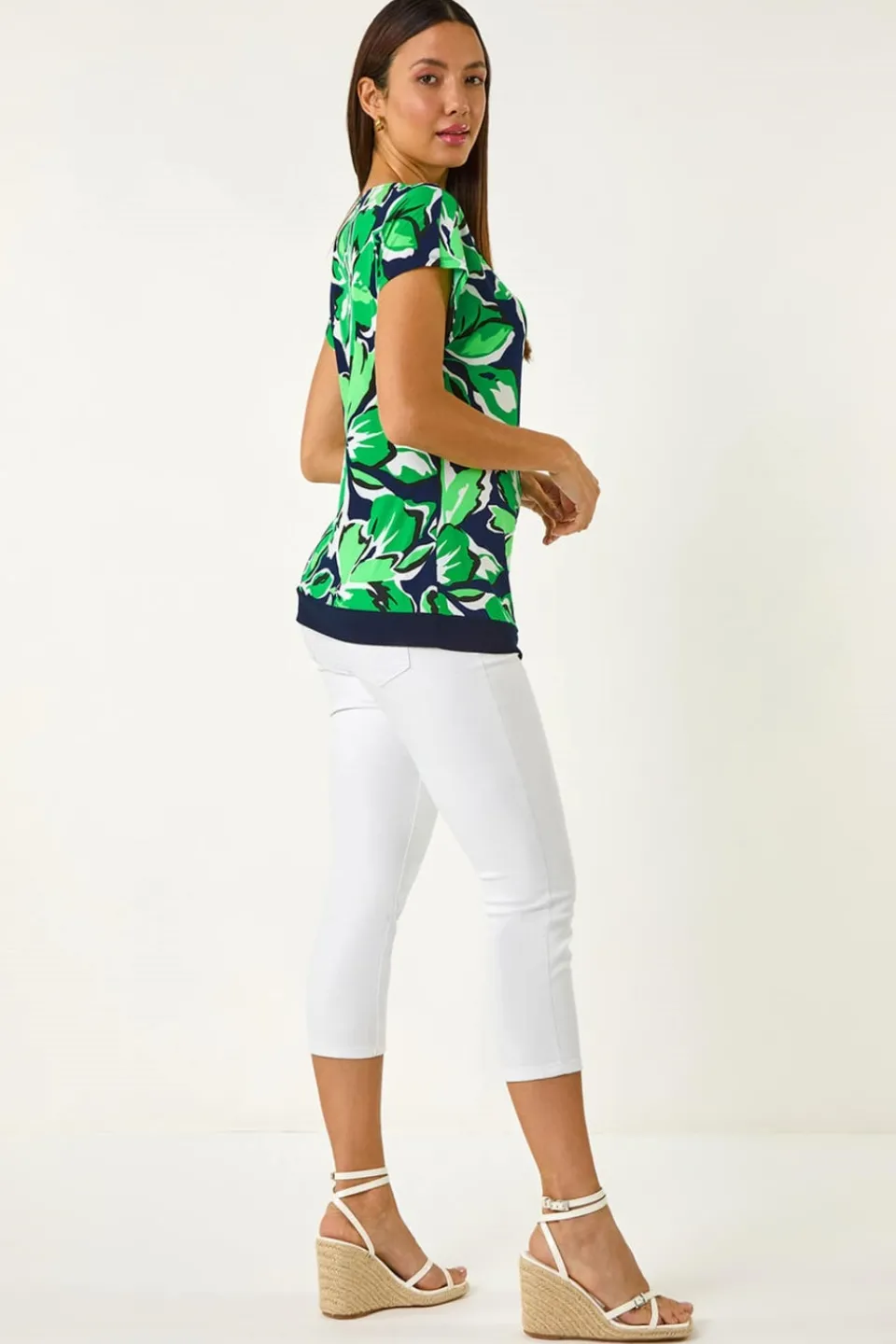 Tops>Roman Green Floral Print Asymmetric Hem Top