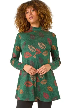 Tops>Roman Green Floral Print High Neck Stretch Tunic Top