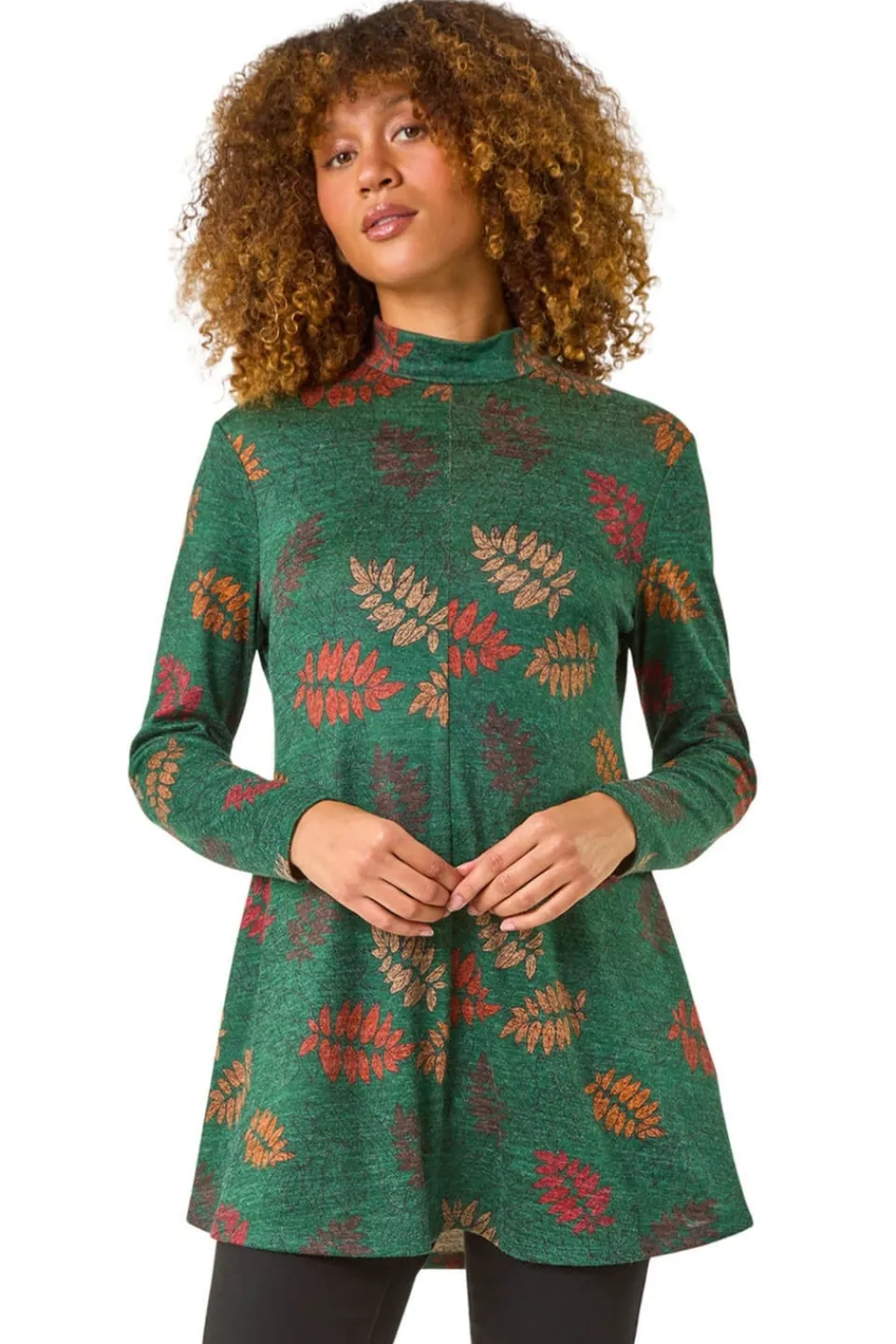 Tops>Roman Green Floral Print High Neck Stretch Tunic Top